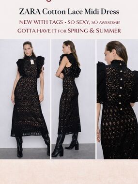 SO DAMN SEXY! NWT Zara Black Lace Midi Dress with Ruffle Shoulders